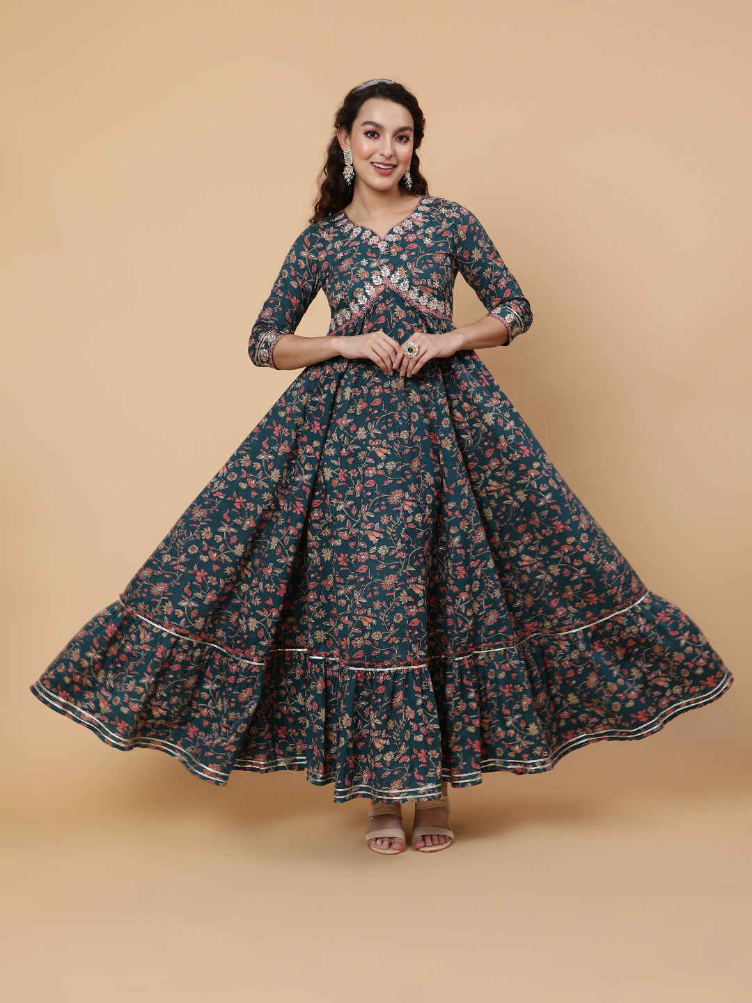 Cotton Ankle Printed Flared 3/4 Sleeve Sweetheart Kurta