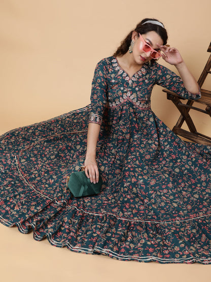 Cotton Ankle Printed Flared 3/4 Sleeve Sweetheart Kurta