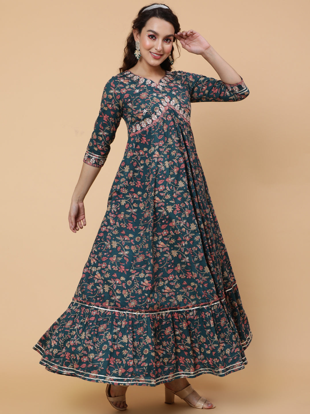 Cotton Ankle Printed Flared 3/4 Sleeve Sweetheart Kurta