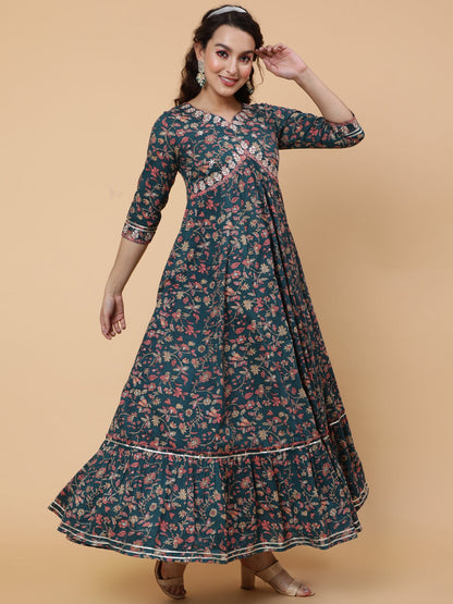 Cotton Ankle Printed Flared 3/4 Sleeve Sweetheart Kurta