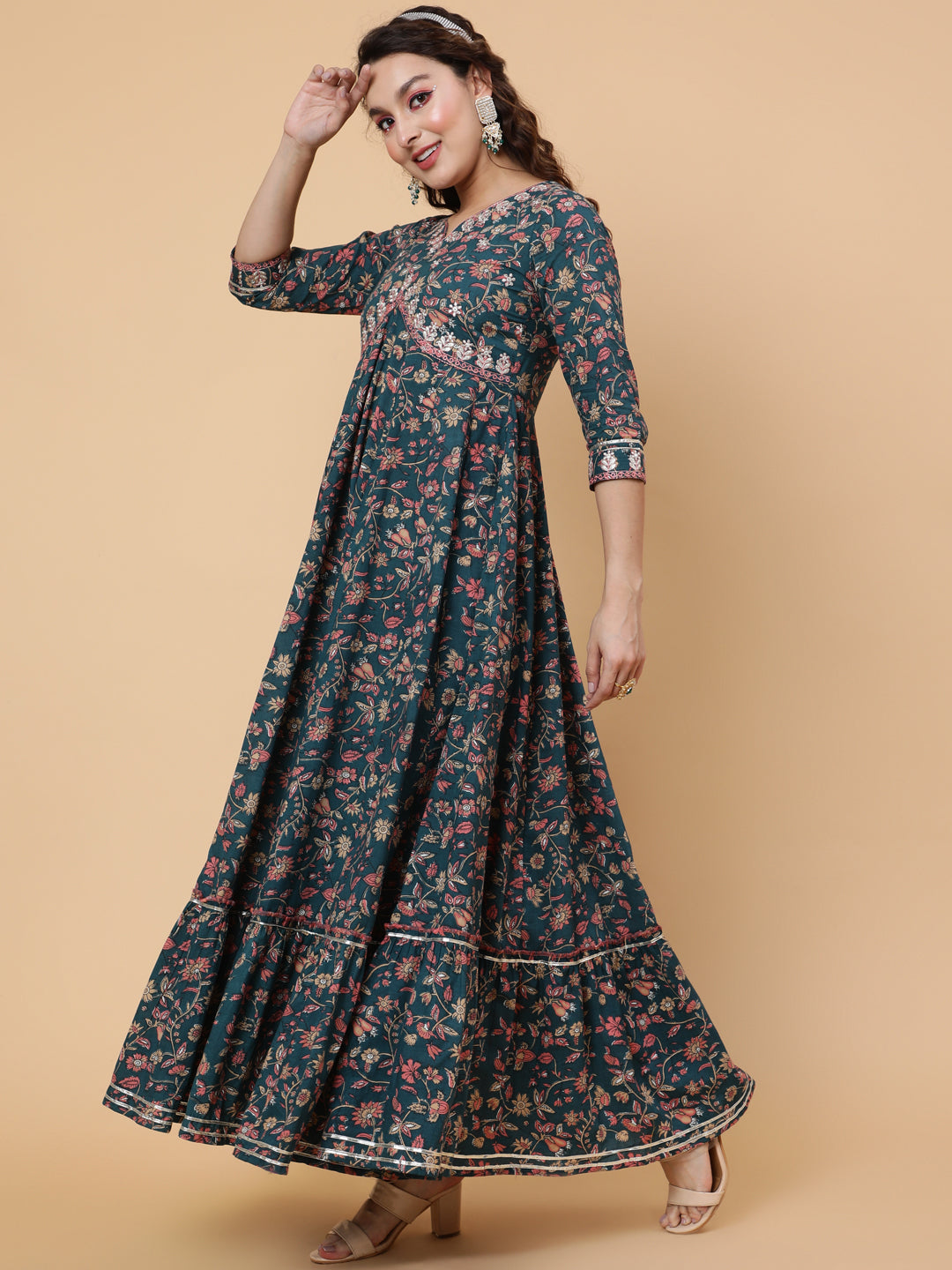 Cotton Ankle Printed Flared 3/4 Sleeve Sweetheart Kurta