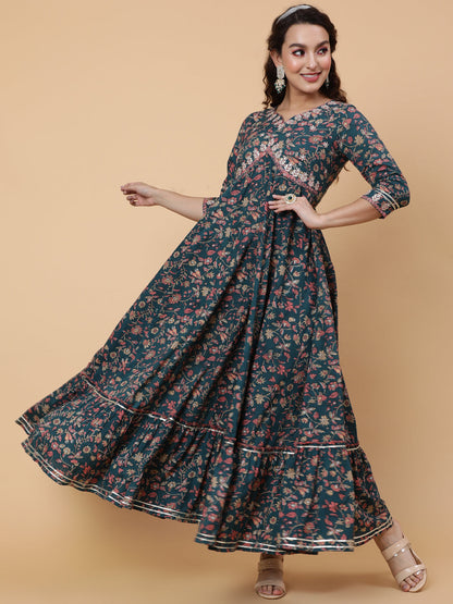 Cotton Ankle Printed Flared 3/4 Sleeve Sweetheart Kurta
