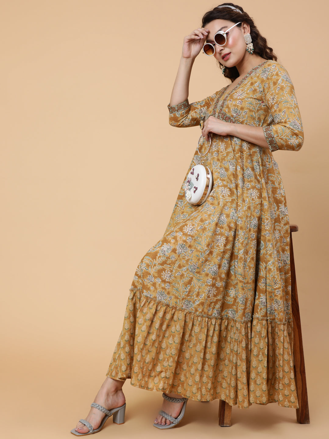 Cotton Ankle Printed Flared 3/4 Sleeve V Kurta