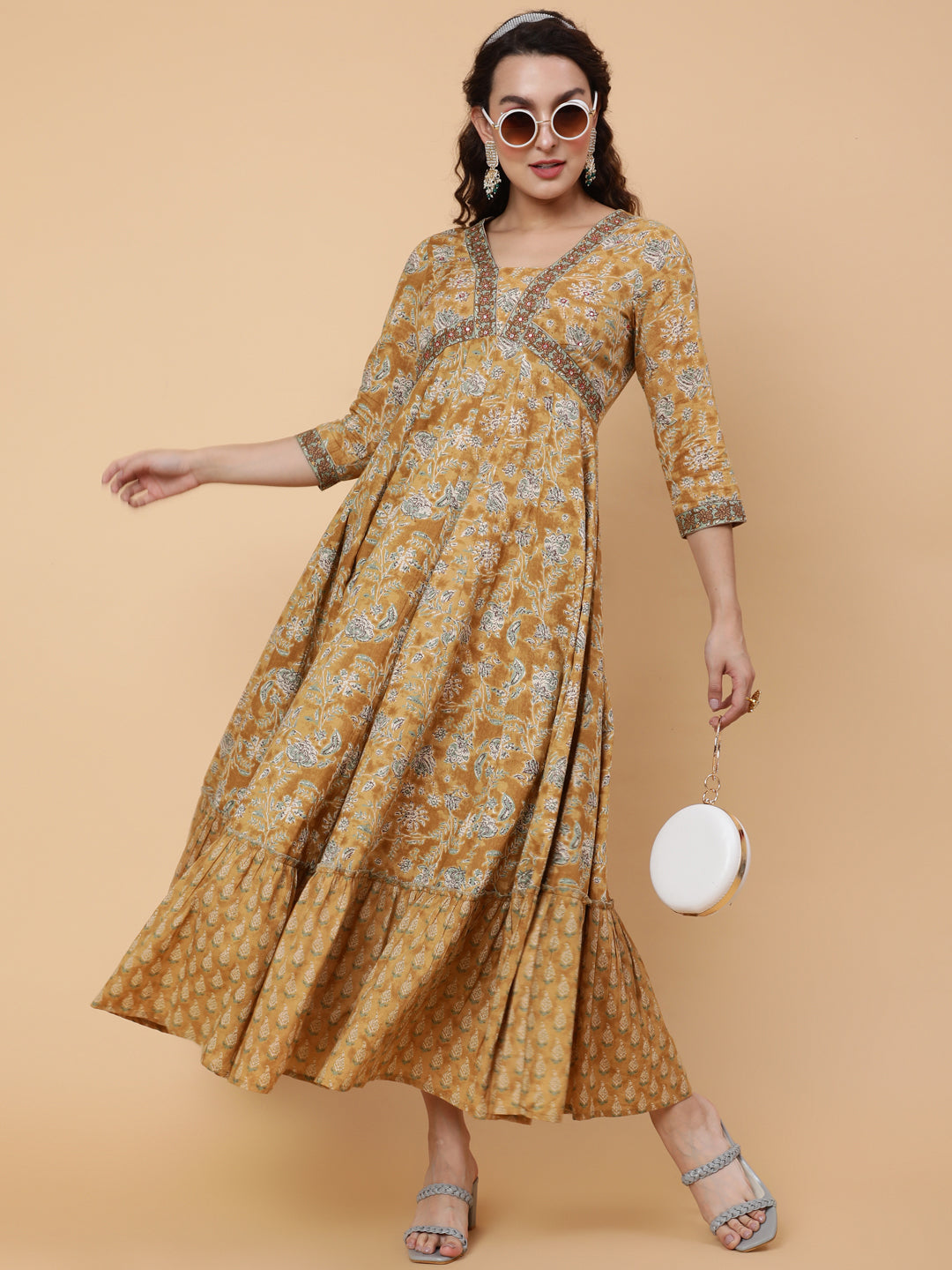 Cotton Ankle Printed Flared 3/4 Sleeve V Kurta