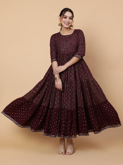 Rayon Ankle Printed Flared 3/4 Sleeve Round Kurta