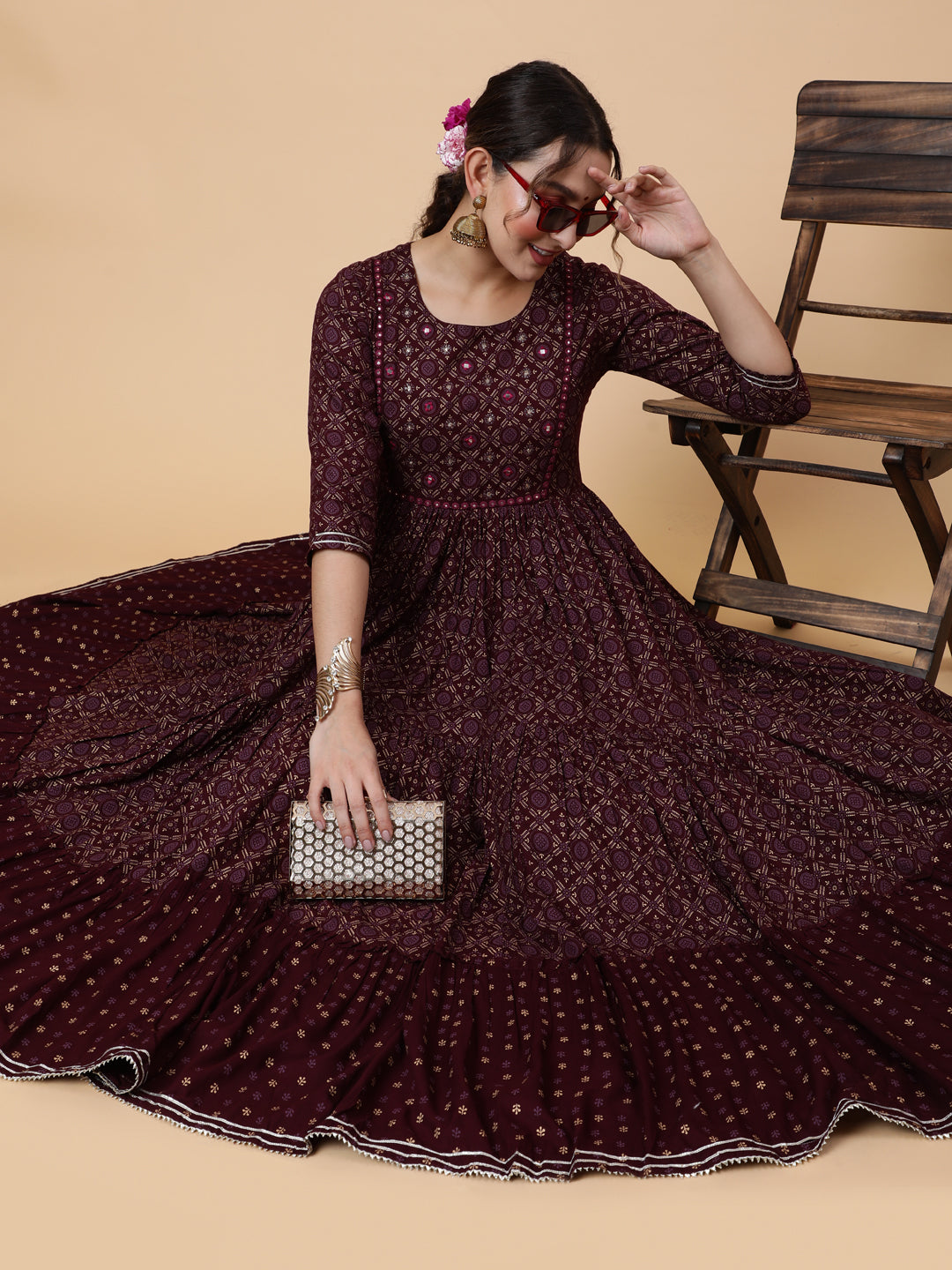 Rayon Ankle Printed Flared 3/4 Sleeve Round Kurta