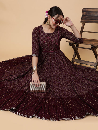 Rayon Ankle Printed Flared 3/4 Sleeve Round Kurta