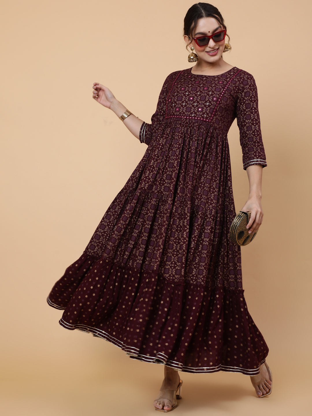 Rayon Ankle Printed Flared 3/4 Sleeve Round Kurta