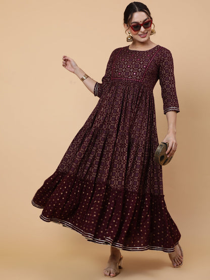 Rayon Ankle Printed Flared 3/4 Sleeve Round Kurta