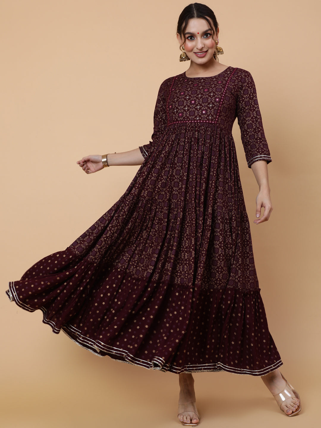 Rayon Ankle Printed Flared 3/4 Sleeve Round Kurta