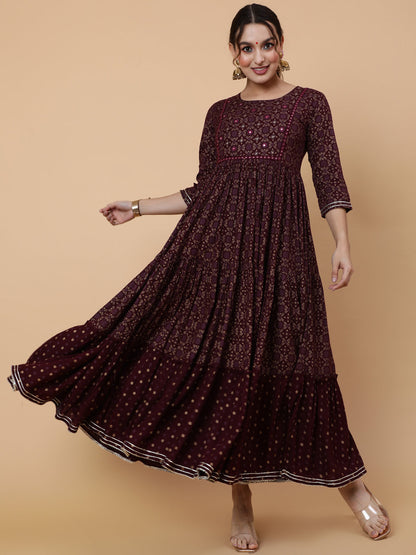 Rayon Ankle Printed Flared 3/4 Sleeve Round Kurta