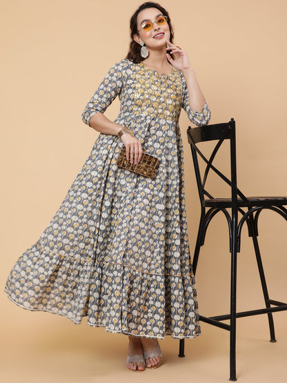 Cotton Ankle Printed Flared 3/4 Sleeve Round Kurta