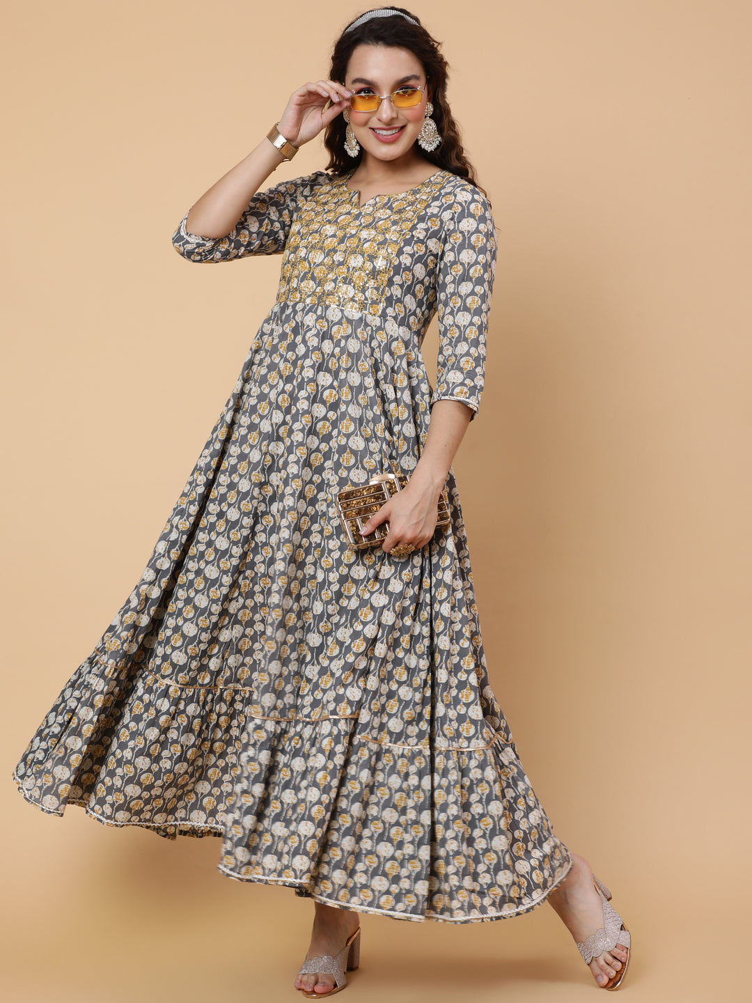 Cotton Ankle Printed Flared 3/4 Sleeve Round Kurta