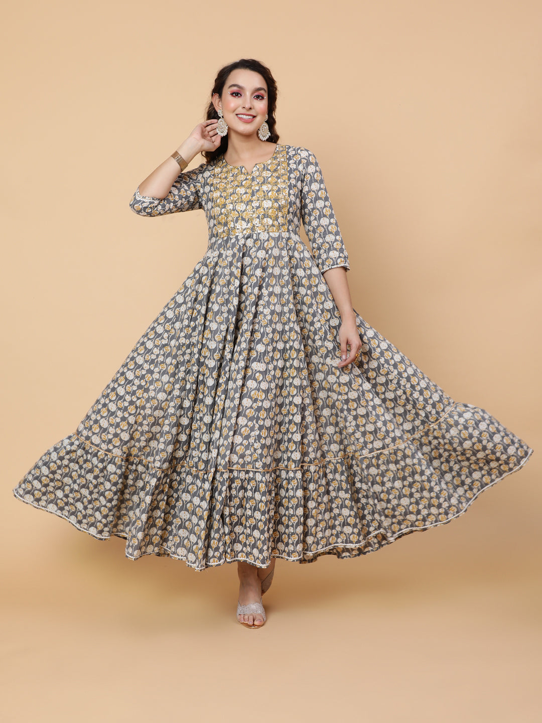 Cotton Ankle Printed Flared 3/4 Sleeve Round Kurta