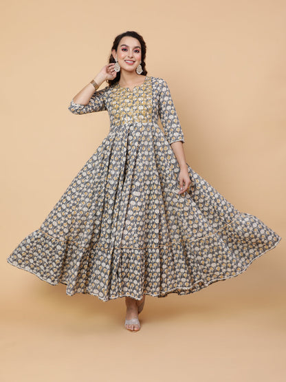 Cotton Ankle Printed Flared 3/4 Sleeve Round Kurta