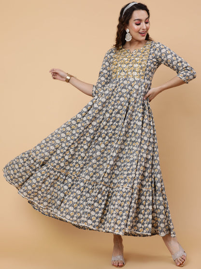Cotton Ankle Printed Flared 3/4 Sleeve Round Kurta