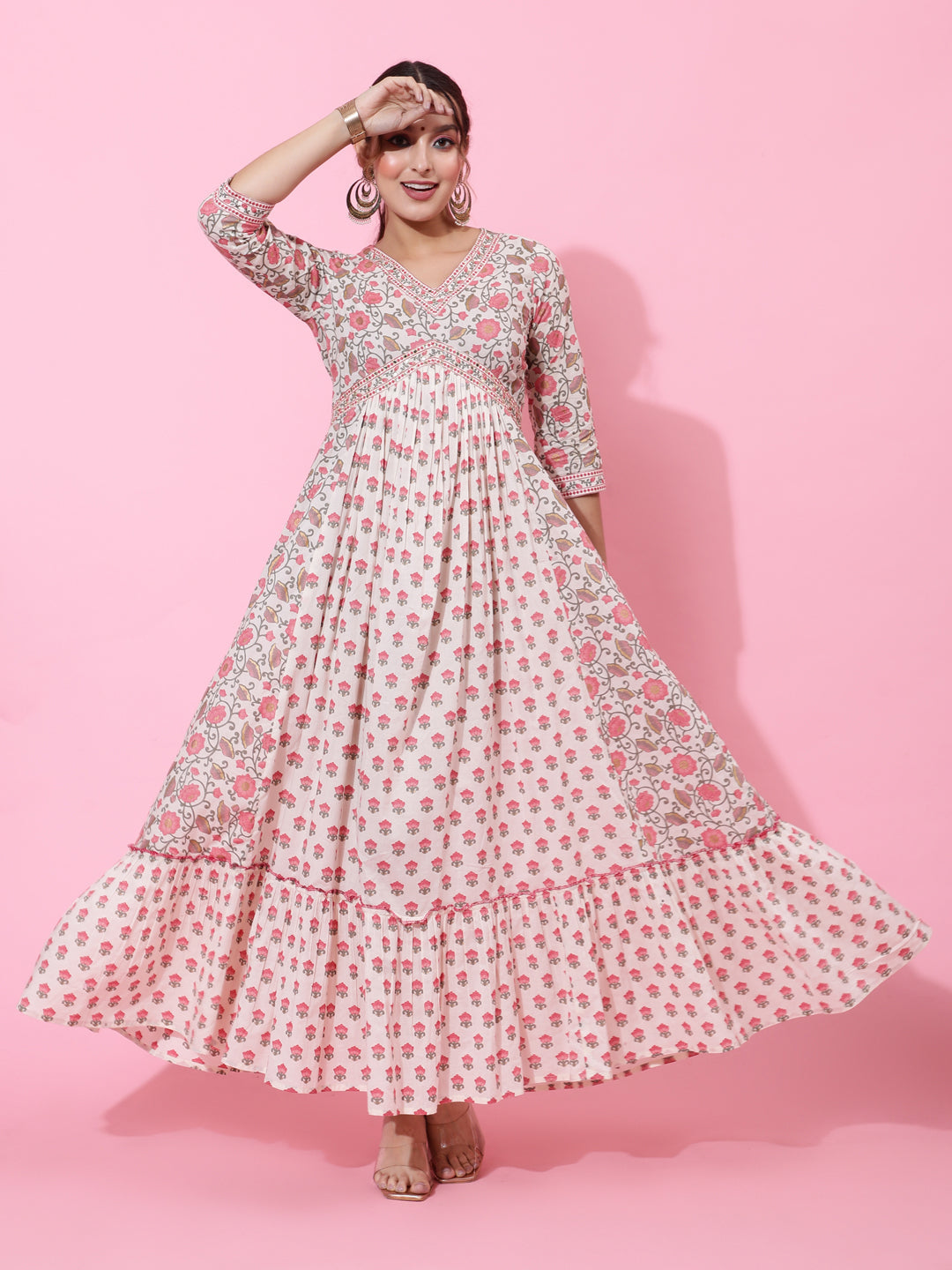 Cotton Ankle Printed Flared 3/4 Sleeve V Kurta