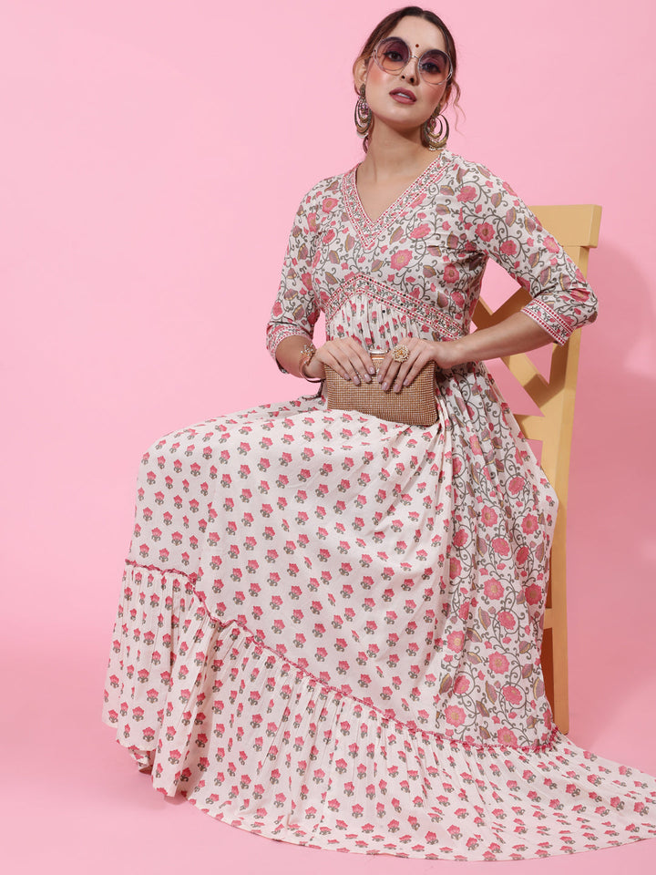 Cotton Ankle Printed Flared 3/4 Sleeve V Kurta