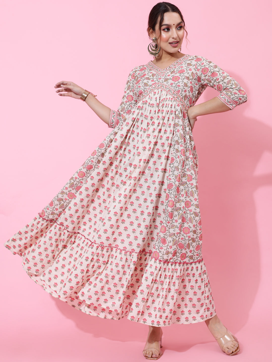 Cotton Ankle Printed Flared 3/4 Sleeve V Kurta