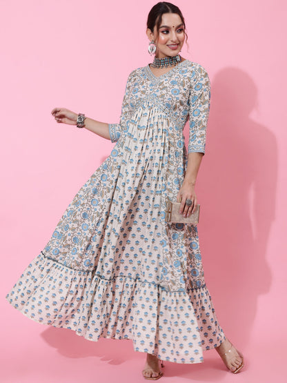 Cotton Ankle Printed Flared 3/4 Sleeve V Kurta
