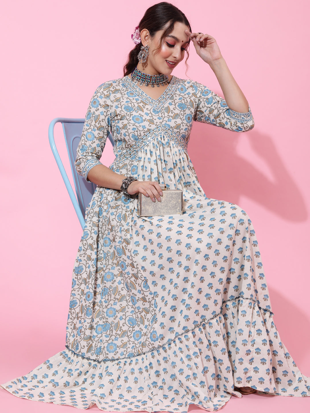 Cotton Ankle Printed Flared 3/4 Sleeve V Kurta