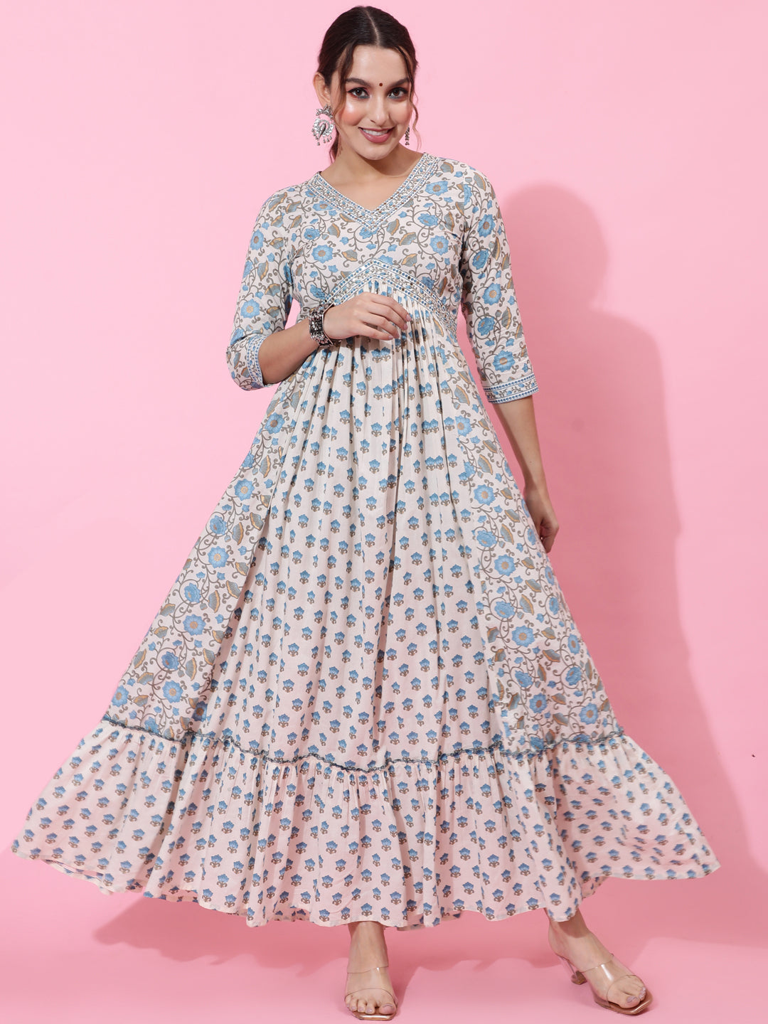 Cotton Ankle Printed Flared 3/4 Sleeve V Kurta