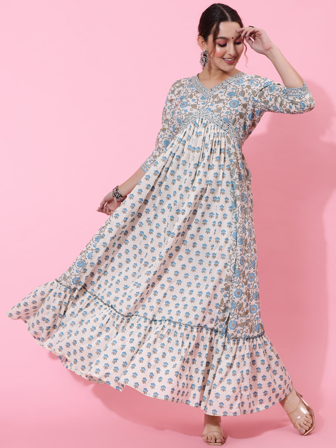 Cotton Ankle Printed Flared 3/4 Sleeve V Kurta