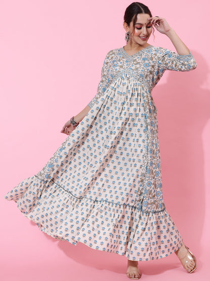 Cotton Ankle Printed Flared 3/4 Sleeve V Kurta