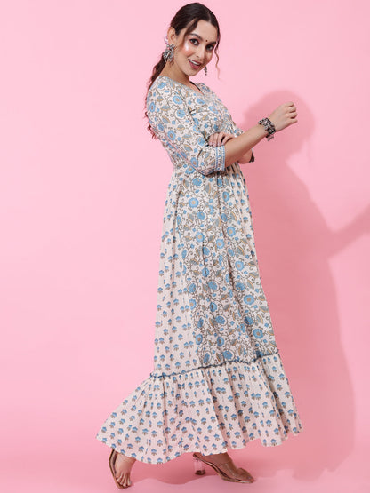 Cotton Ankle Printed Flared 3/4 Sleeve V Kurta
