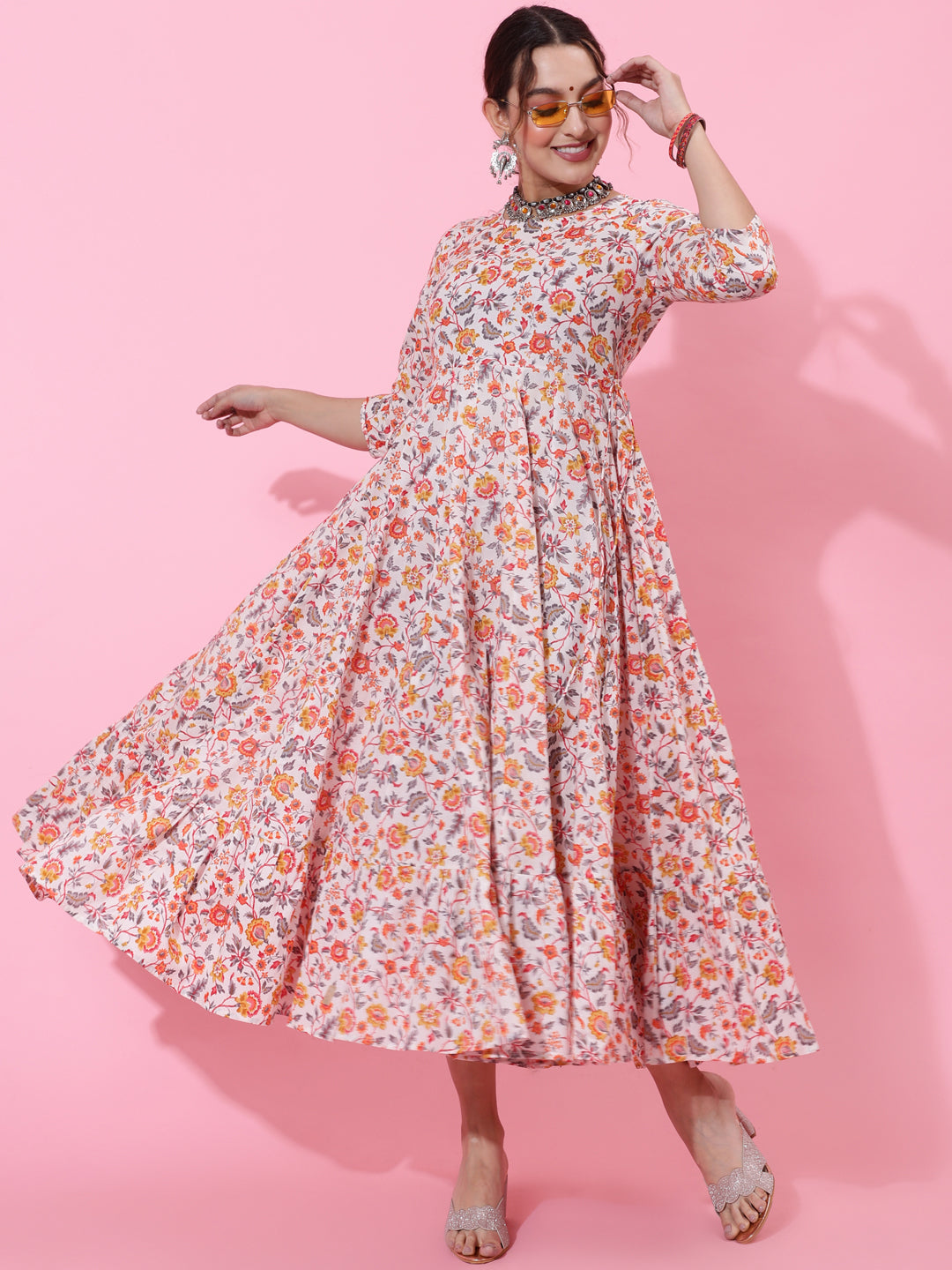 Cotton Calf Printed Flared 3/4 Sleeve Round Kurta