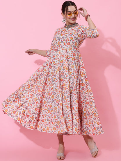 Cotton Calf Printed Flared 3/4 Sleeve Round Kurta