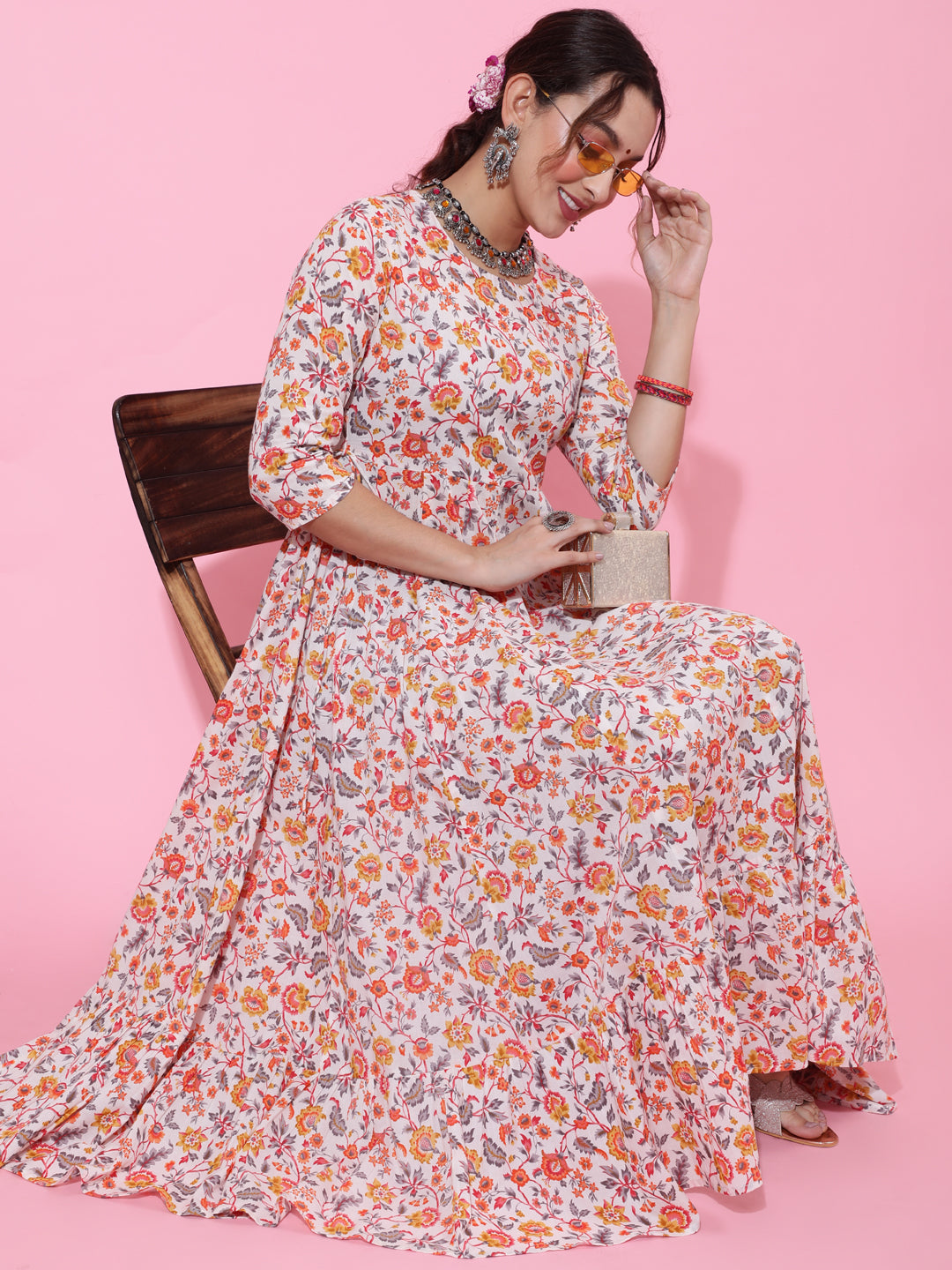 Cotton Calf Printed Flared 3/4 Sleeve Round Kurta