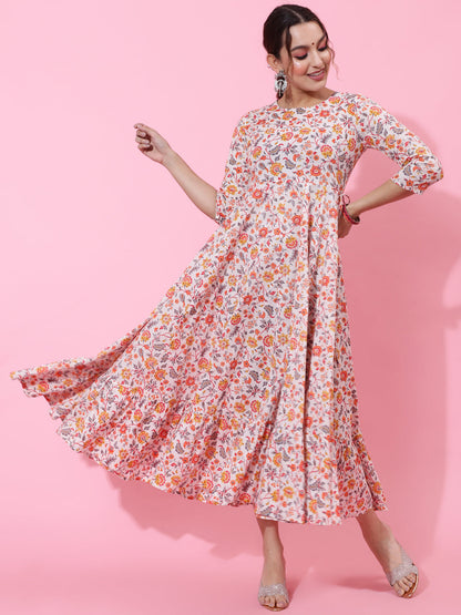 Cotton Calf Printed Flared 3/4 Sleeve Round Kurta