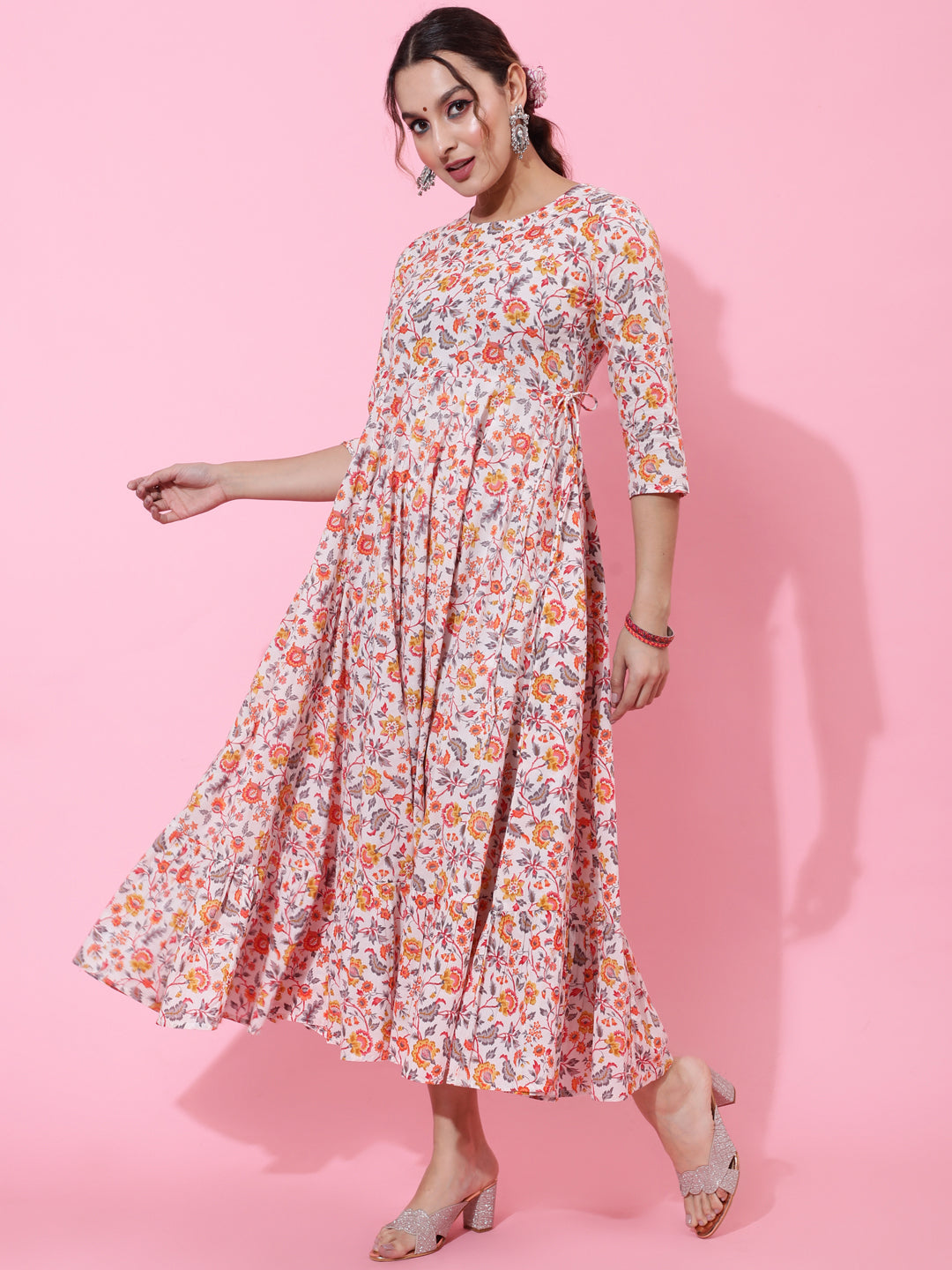 Cotton Calf Printed Flared 3/4 Sleeve Round Kurta
