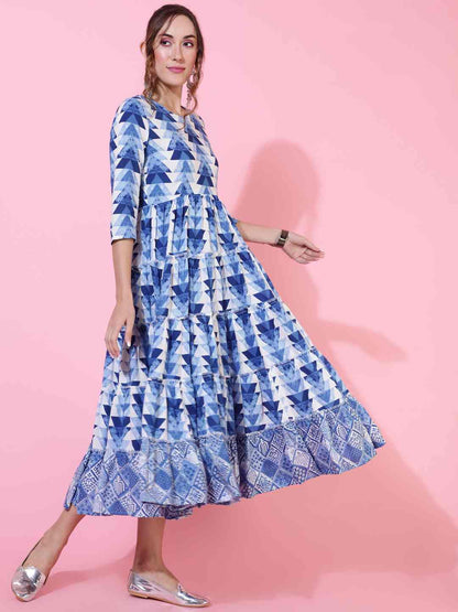 Rayon  Calf Length Printed Flared 3/4 sleeves Round Kurta