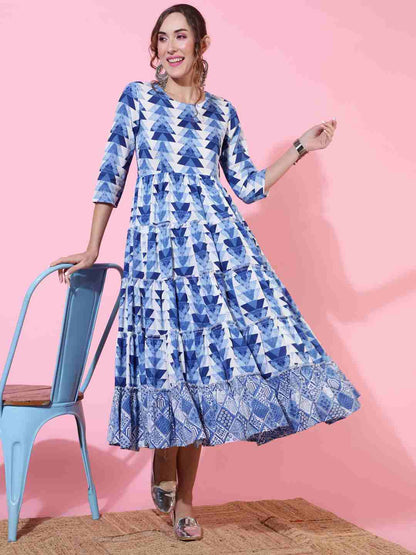 Rayon  Calf Length Printed Flared 3/4 sleeves Round Kurta