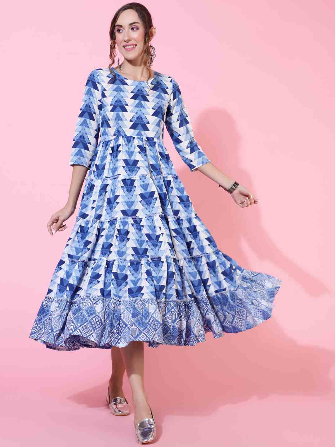 Rayon  Calf Length Printed Flared 3/4 sleeves Round Kurta