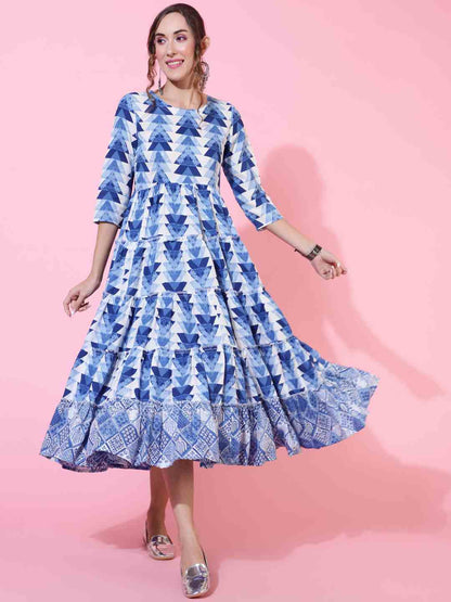 Rayon  Calf Length Printed Flared 3/4 sleeves Round Kurta