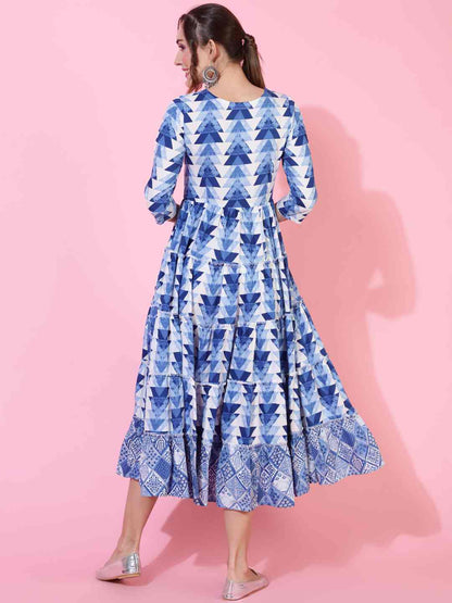 Rayon  Calf Length Printed Flared 3/4 sleeves Round Kurta