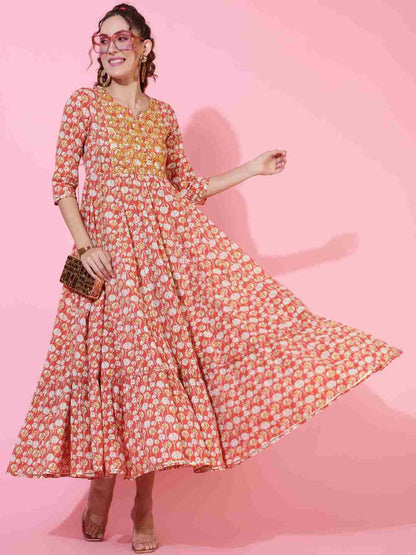 Cotton  Ankle Length Printed Flared 3/4 sleeves Round Kurta