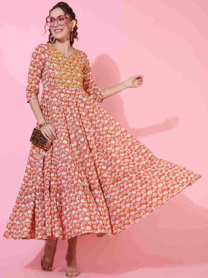 Cotton  Ankle Length Printed Flared 3/4 sleeves Round Kurta