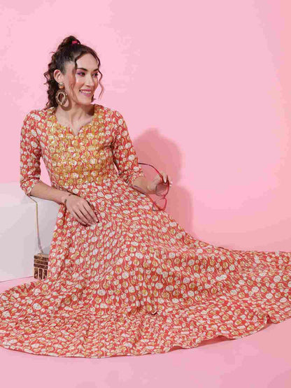 Cotton  Ankle Length Printed Flared 3/4 sleeves Round Kurta