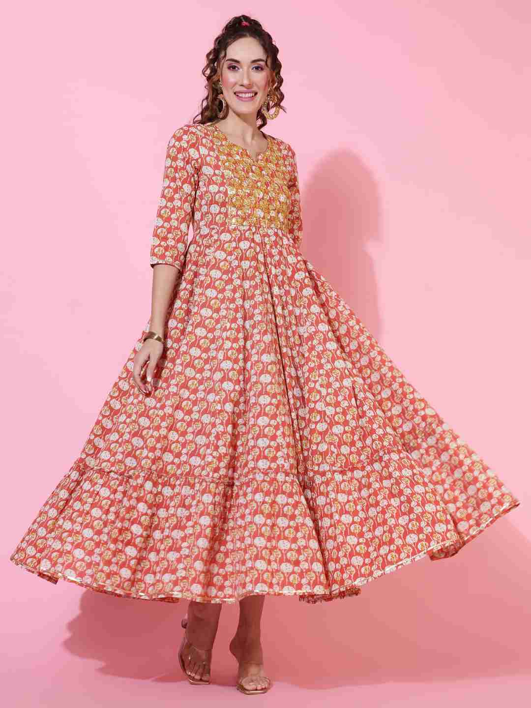 Cotton  Ankle Length Printed Flared 3/4 sleeves Round Kurta