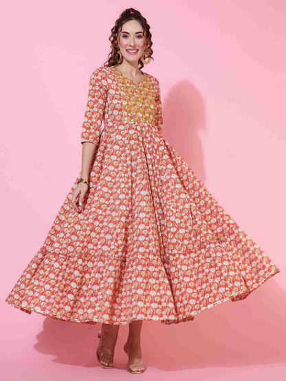 Cotton  Ankle Length Printed Flared 3/4 sleeves Round Kurta