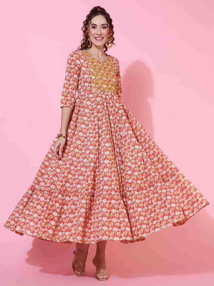 Cotton  Ankle Length Printed Flared 3/4 sleeves Round Kurta