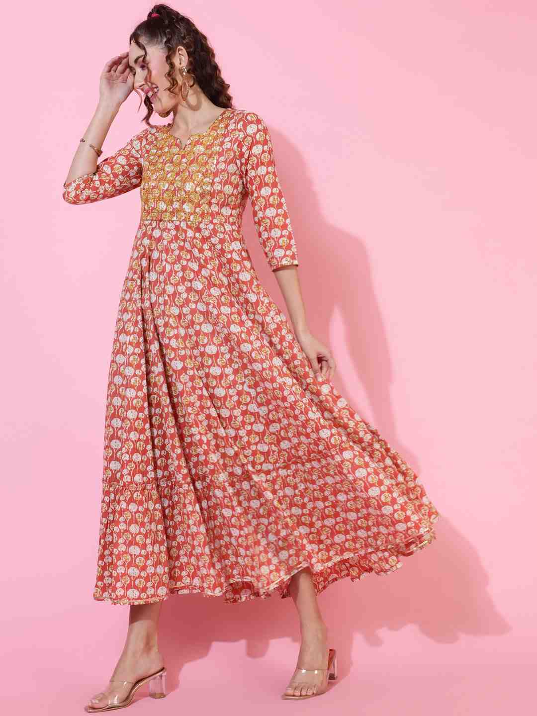 Cotton  Ankle Length Printed Flared 3/4 sleeves Round Kurta