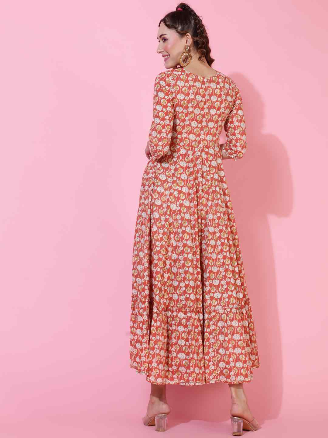 Cotton  Ankle Length Printed Flared 3/4 sleeves Round Kurta