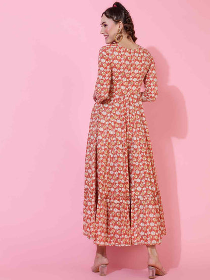 Cotton  Ankle Length Printed Flared 3/4 sleeves Round Kurta