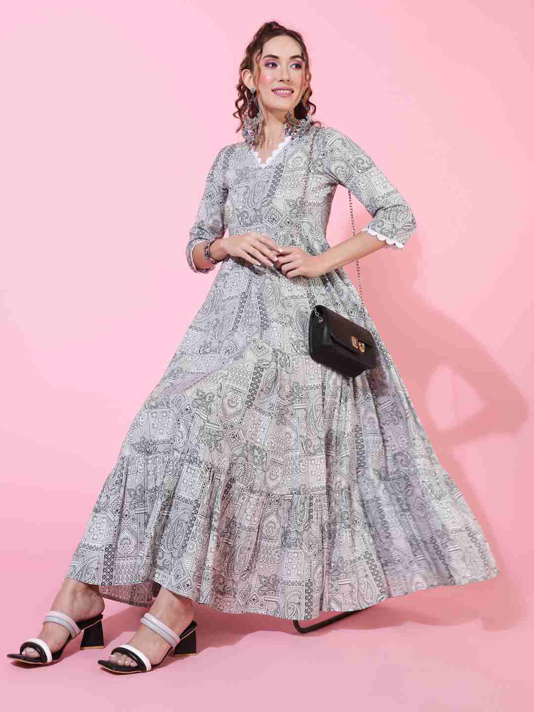 Cotton  Ankle Length Printed Flared 3/4 sleeves V neck Kurta