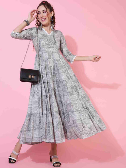 Cotton  Ankle Length Printed Flared 3/4 sleeves V neck Kurta